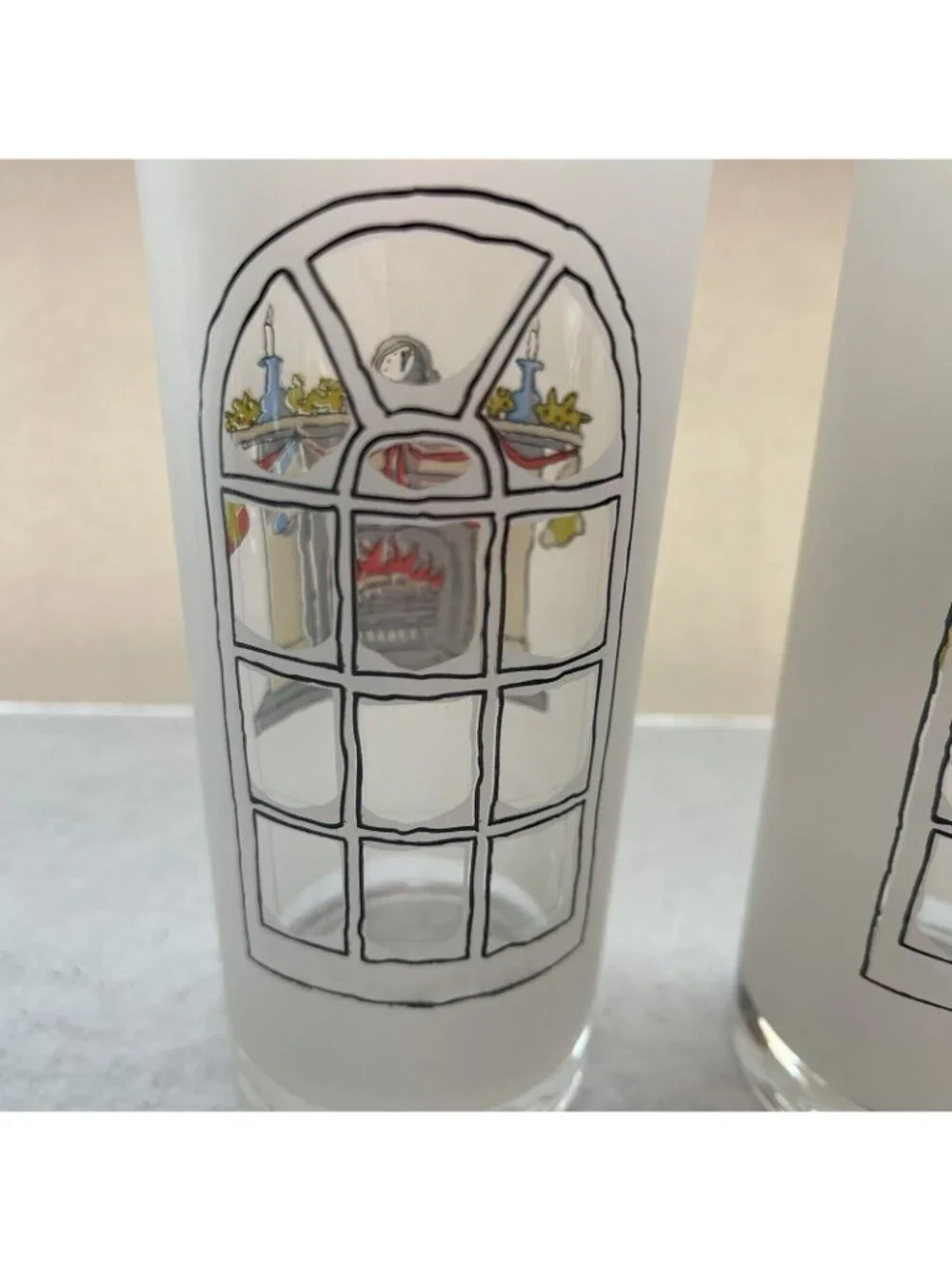 Christmas Frosted Highball Tumblers Window Scene Glasses Set Portugal Vintage
